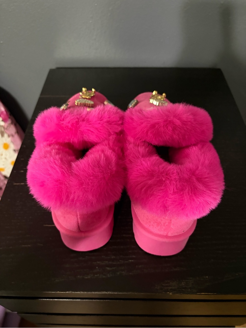 Hot Pink Platform Fur Slip-On Mules with Jewel Accents - Picture 3 of 8